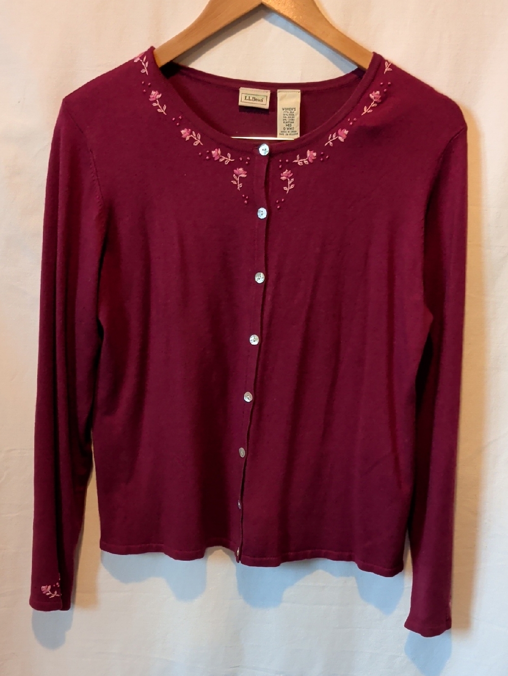 L.L. Bean Floral Embroidered Wine-Red Cardigan